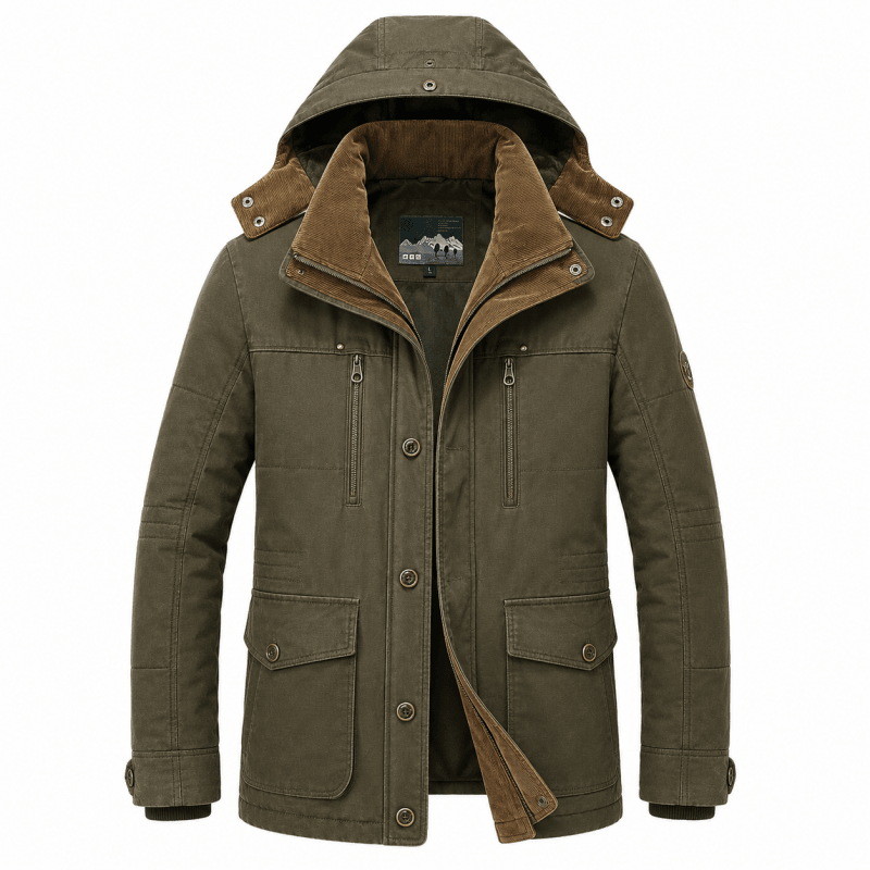 Winter jacket for men with detachable hood and multiple pockets