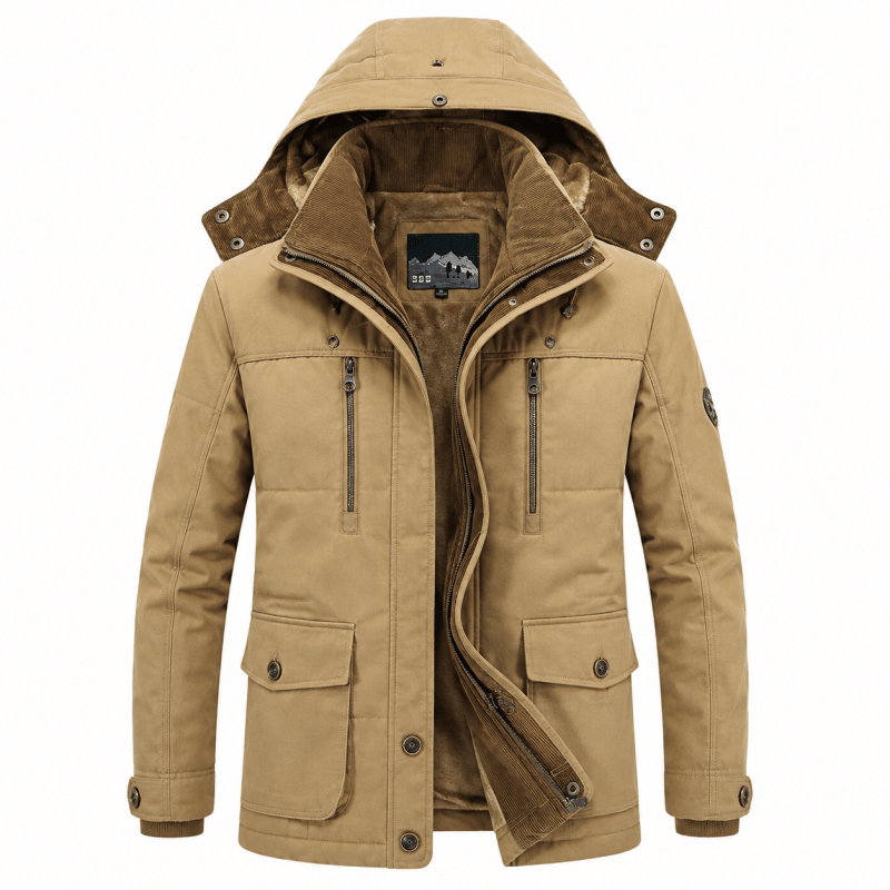 Winter jacket for men with detachable hood and multiple pockets