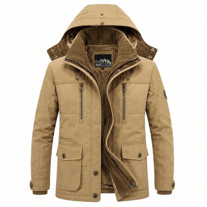 Winter jacket for men with detachable hood and multiple pockets