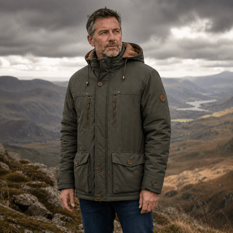 Winter jacket for men with detachable hood and multiple pockets