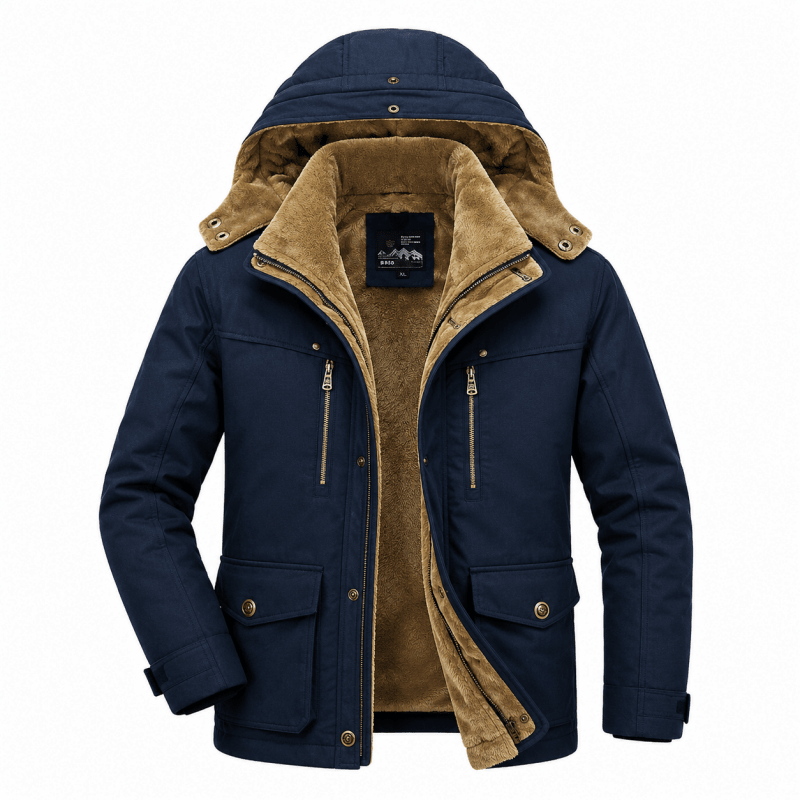 Winter jacket for men with detachable hood and multiple pockets