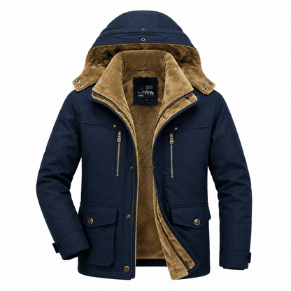 Winter jacket for men with detachable hood and multiple pockets