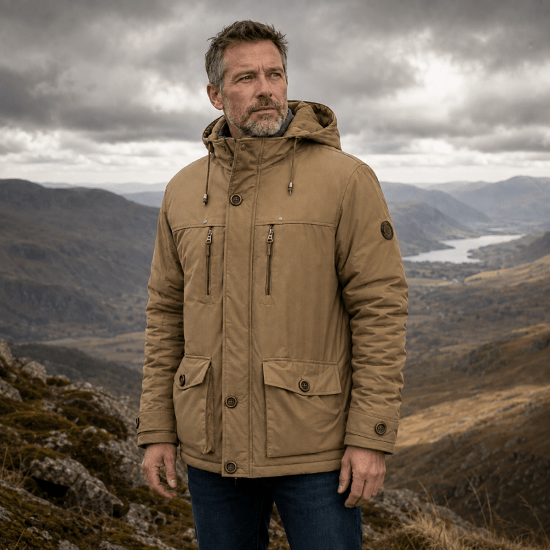 Winter jacket for men with detachable hood and multiple pockets