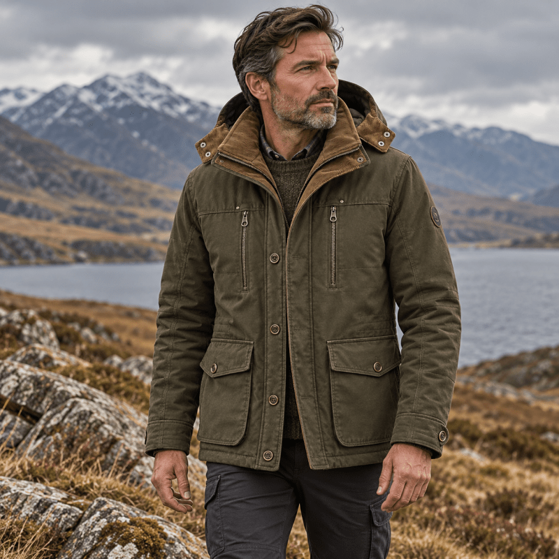 Winter jacket for men with detachable hood and multiple pockets