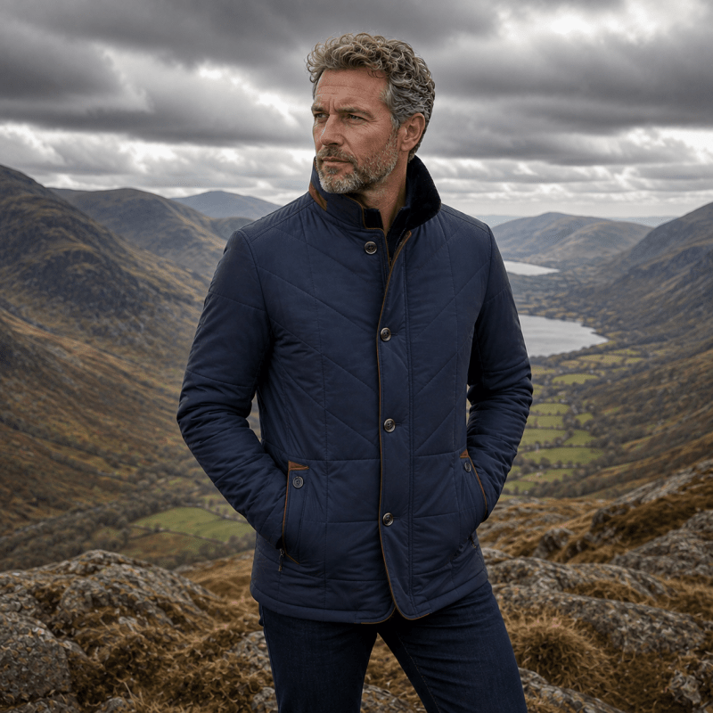 Puffer jacket for men with faux fur collar and button front
