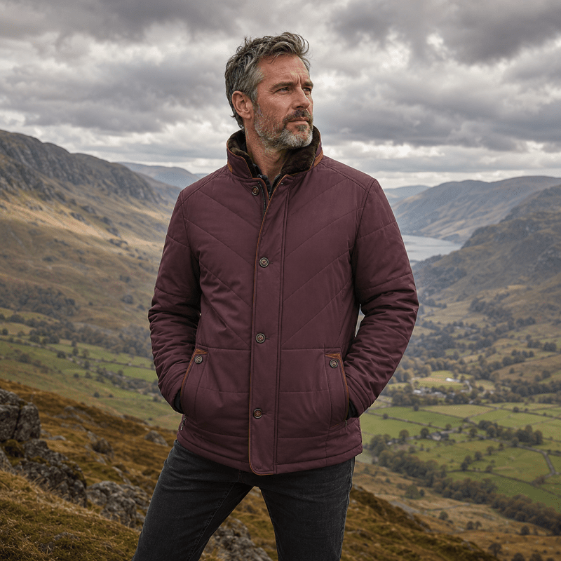 Puffer jacket for men with faux fur collar and button front