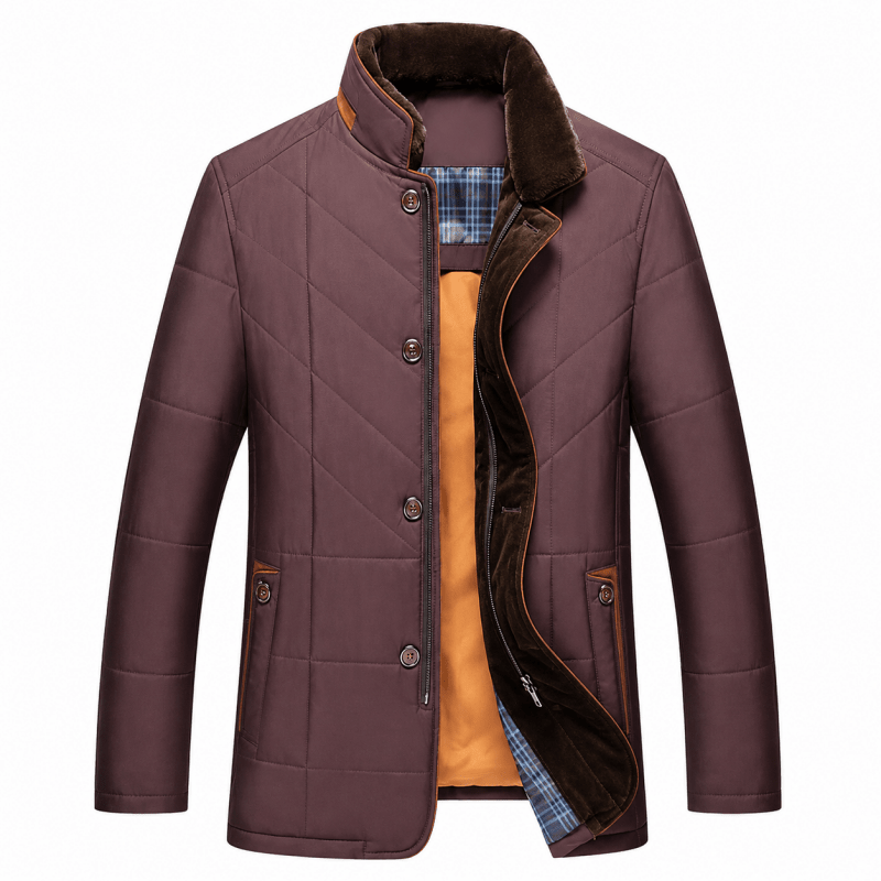 Puffer jacket for men with faux fur collar and button front