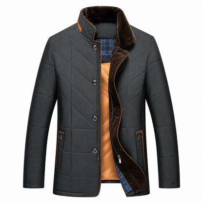 Puffer jacket for men with faux fur collar and button front