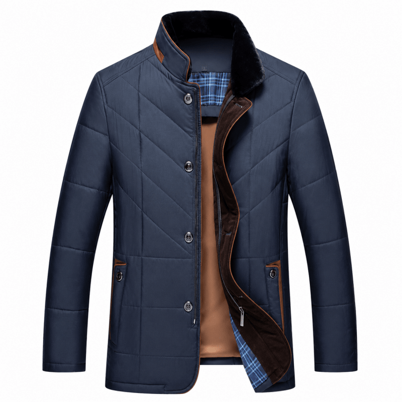 Puffer jacket for men with faux fur collar and button front