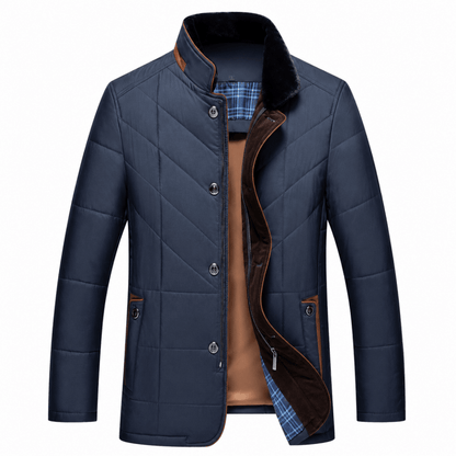 Puffer jacket for men with faux fur collar and button front