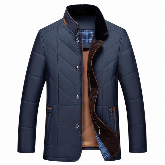 Puffer jacket for men with faux fur collar and button front