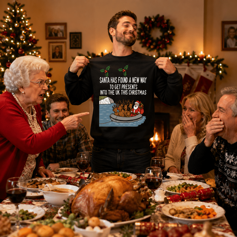 Ugly Christmas sweater crewneck with Santa and reindeer graphic