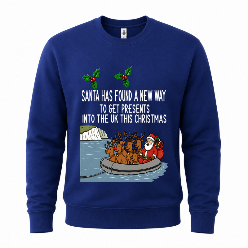 Ugly Christmas sweater crewneck with Santa and reindeer graphic