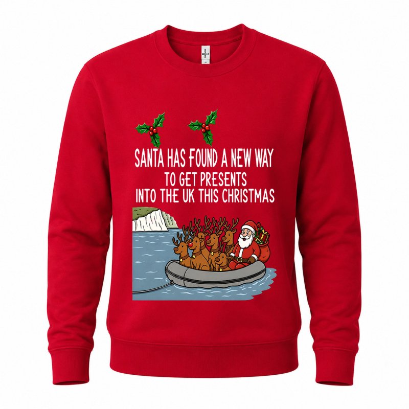 Ugly Christmas sweater crewneck with Santa and reindeer graphic