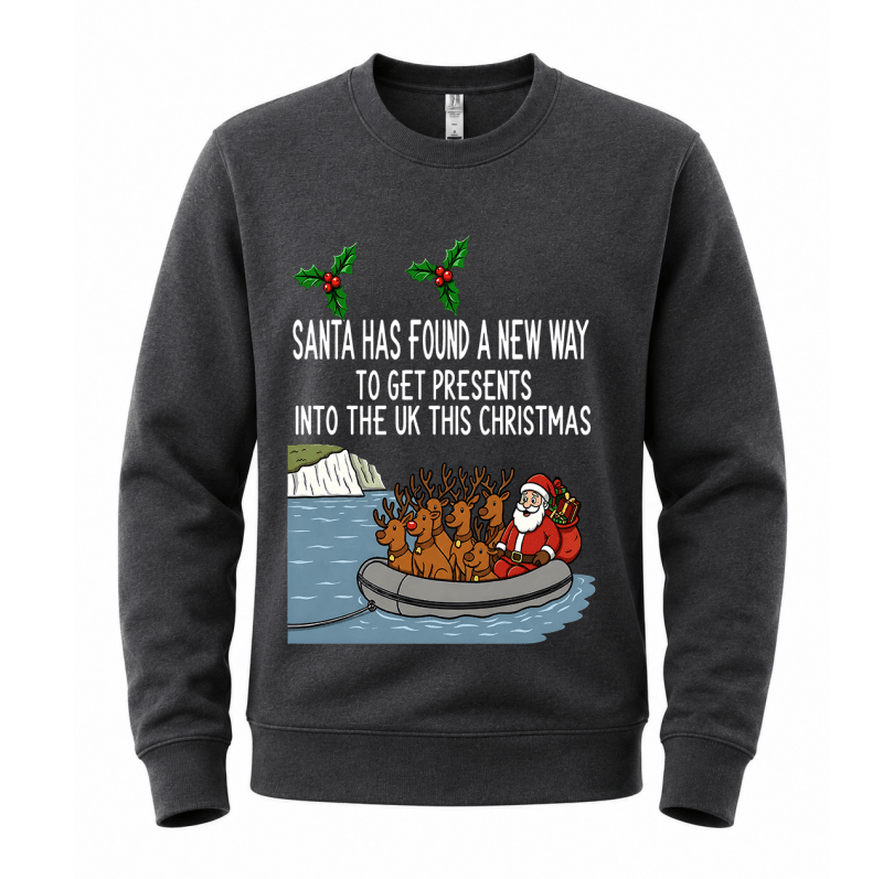 Ugly Christmas sweater crewneck with Santa and reindeer graphic