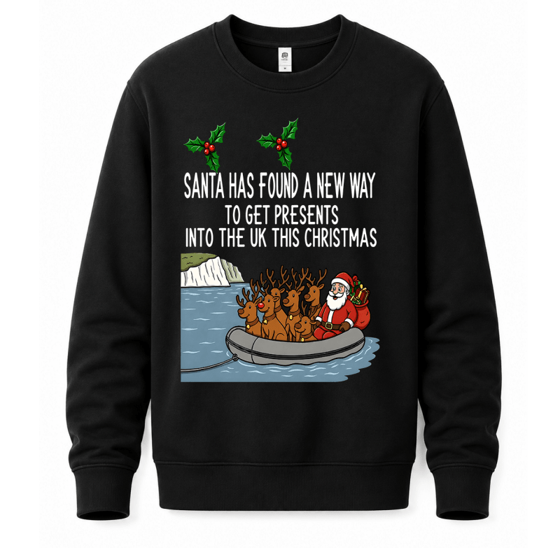 Ugly Christmas sweater crewneck with Santa and reindeer graphic