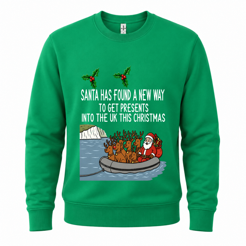 Ugly Christmas sweater crewneck with Santa and reindeer graphic