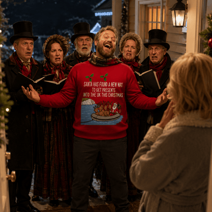Ugly Christmas sweater crewneck with Santa and reindeer graphic