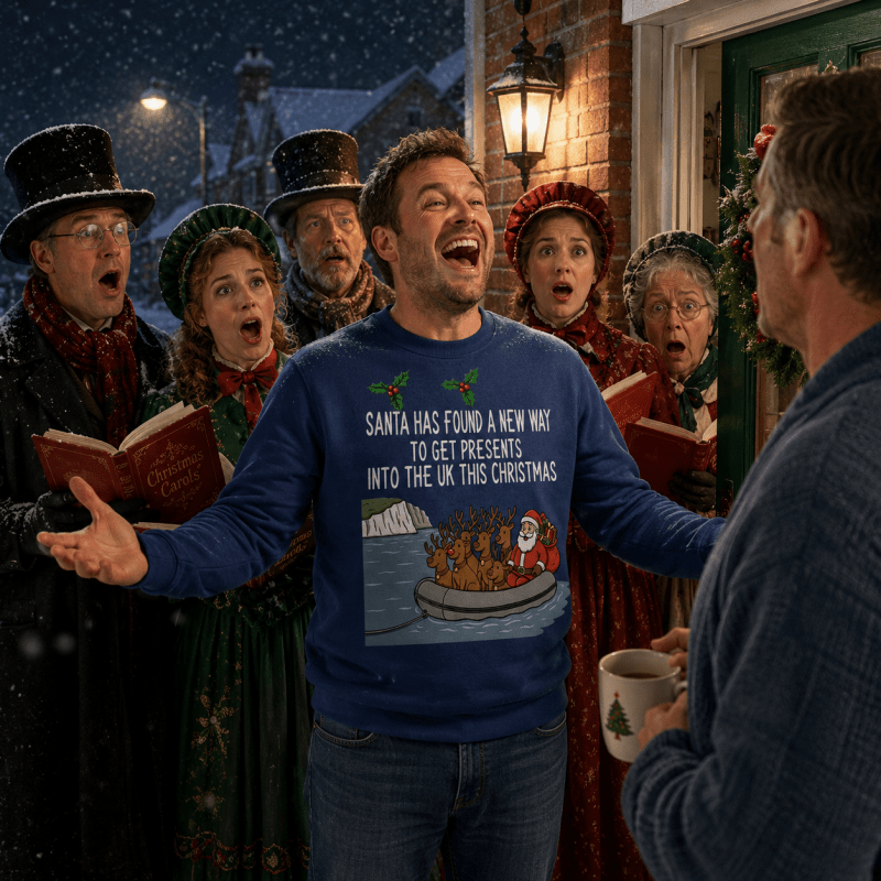 Ugly Christmas sweater crewneck with Santa and reindeer graphic