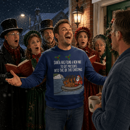 Ugly Christmas sweater crewneck with Santa and reindeer graphic