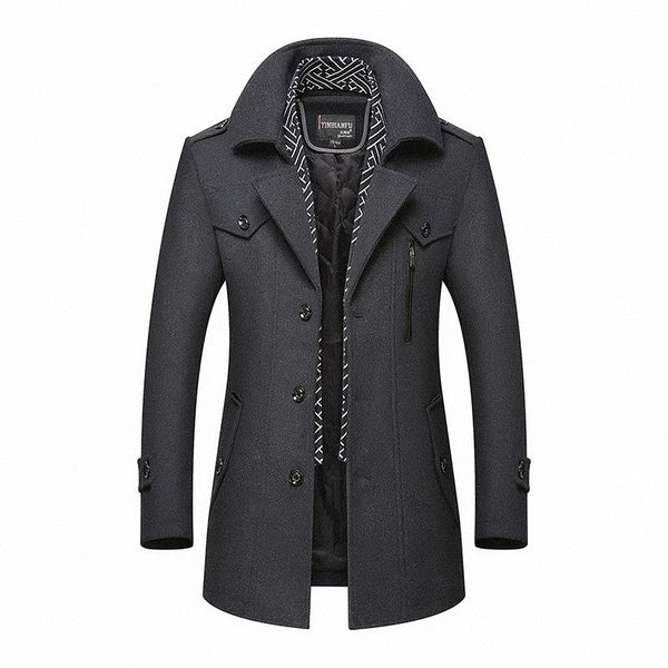 Men's mid length coat with detachable collar and button front