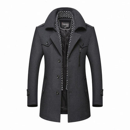 Men's mid length coat with detachable collar and button front