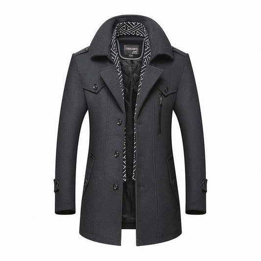 Men's mid length coat with detachable collar and button front