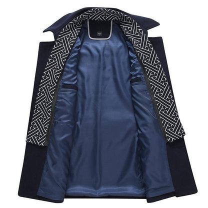 Men's mid length coat with detachable collar and button front