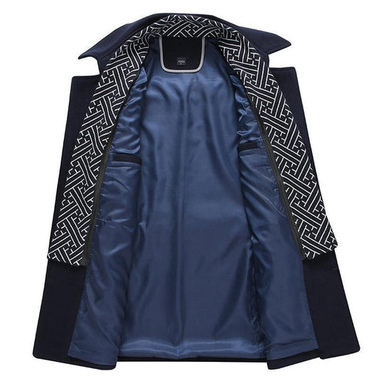 Men's mid length coat with detachable collar and button front