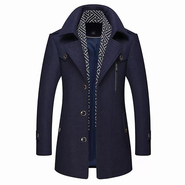 Men's mid length coat with detachable collar and button front