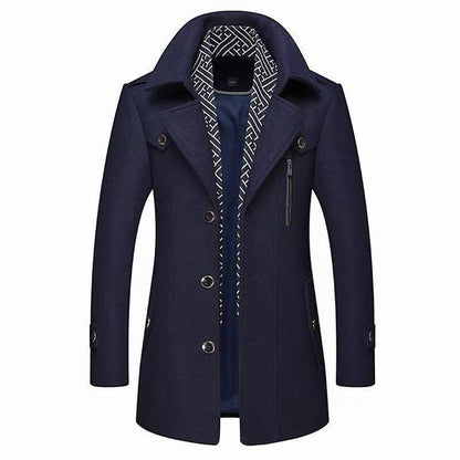 Men's mid length coat with detachable collar and button front