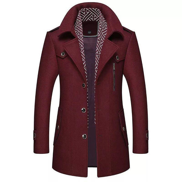 Men's mid length coat with detachable collar and button front