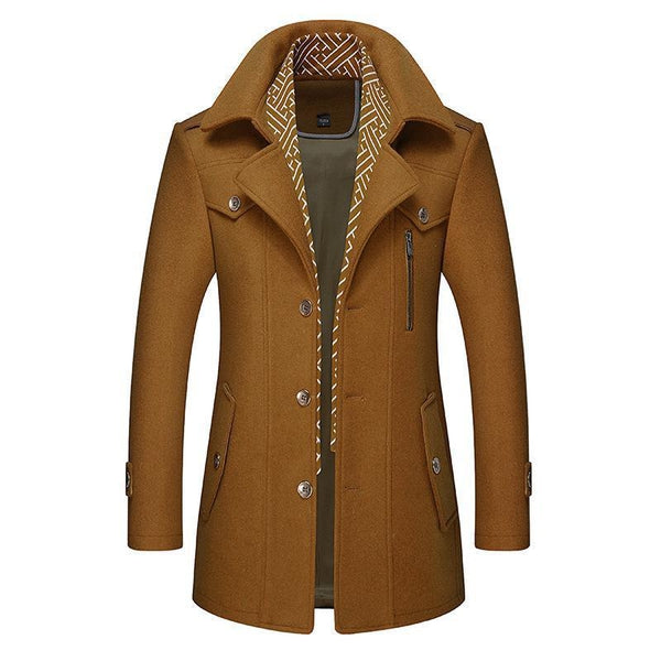 Men's mid length coat with detachable collar and button front