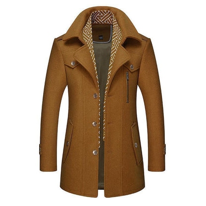 Men's mid length coat with detachable collar and button front