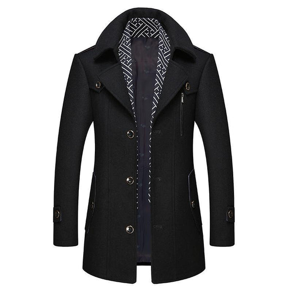Men's mid length coat with detachable collar and button front