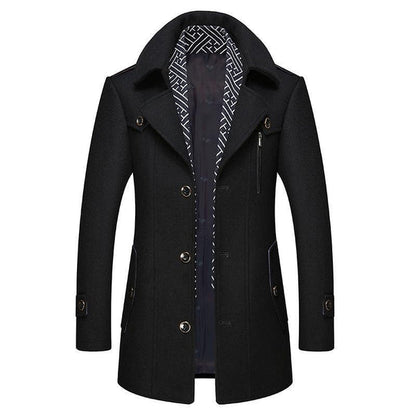Men's mid length coat with detachable collar and button front