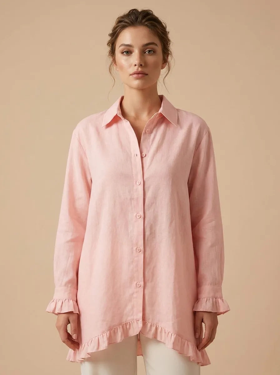 Women's shirts with ruffle cuffs and high low hem, button down tunic