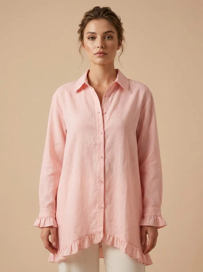 Women's shirts with ruffle cuffs and high low hem, button down tunic