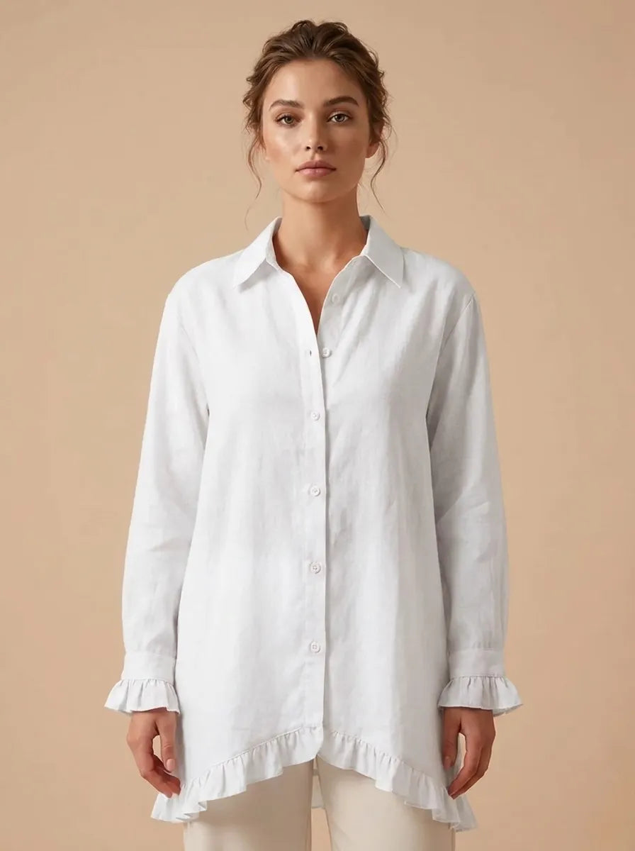 Women's shirts with ruffle cuffs and high low hem, button down tunic