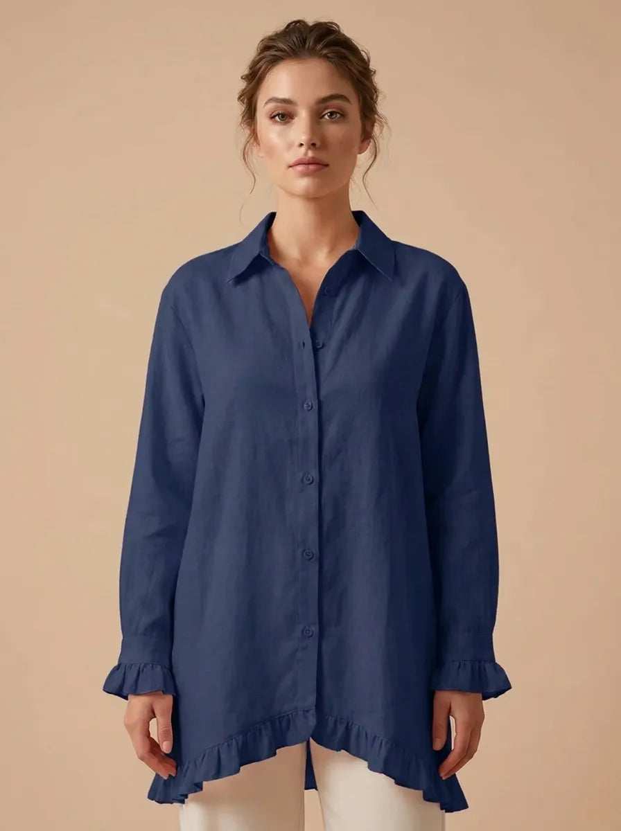 Women's shirts with ruffle cuffs and high low hem, button down tunic