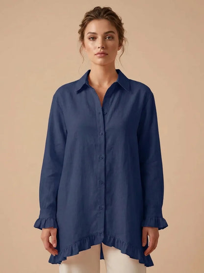 Women's shirts with ruffle cuffs and high low hem, button down tunic