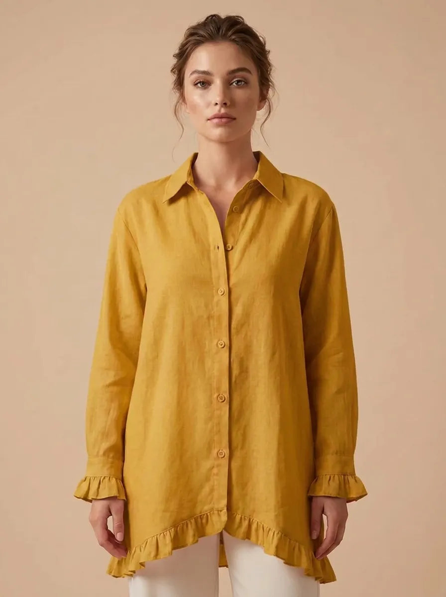 Women's shirts with ruffle cuffs and high low hem, button down tunic