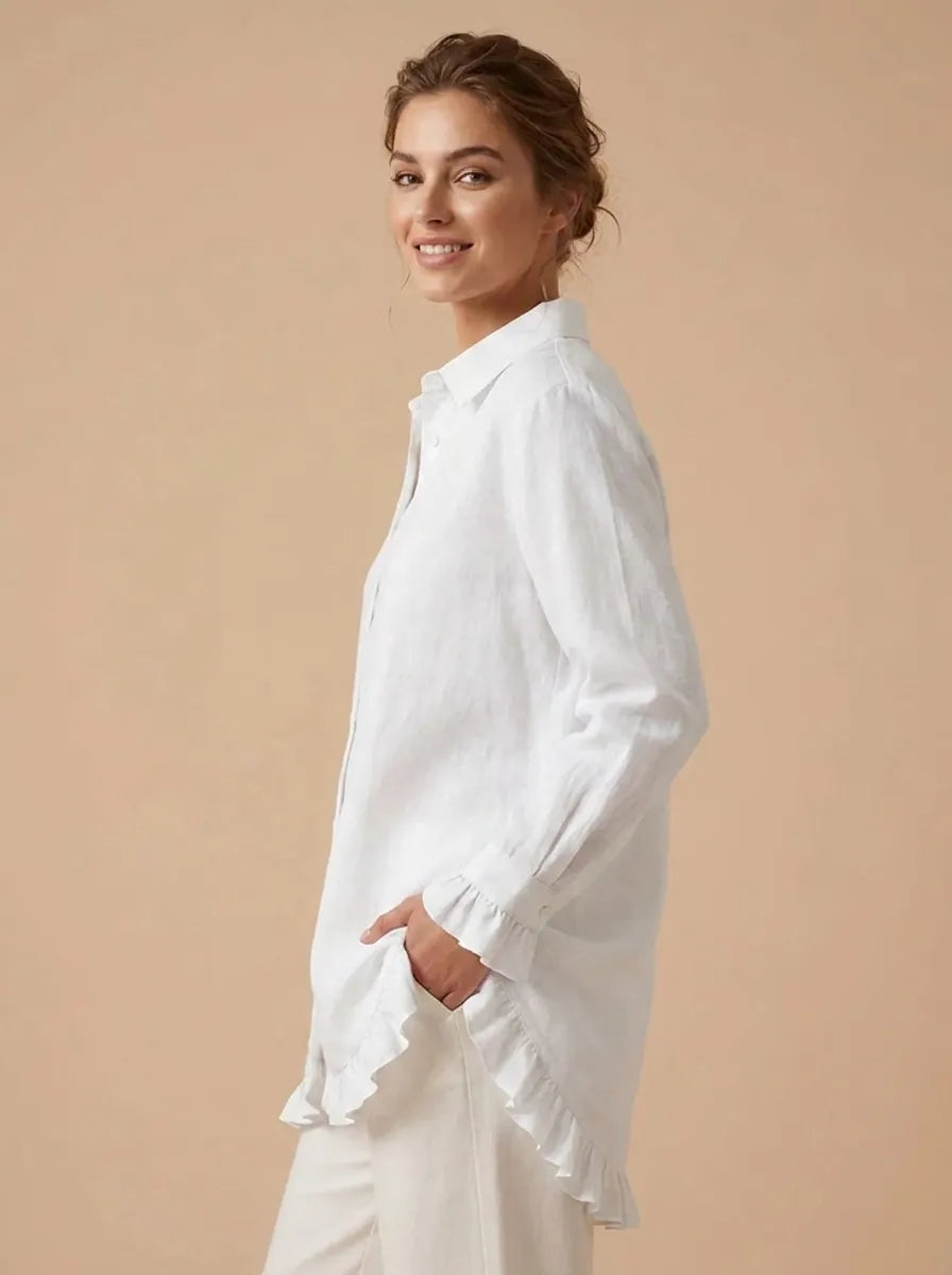 Women's shirts with ruffle cuffs and high low hem, button down tunic