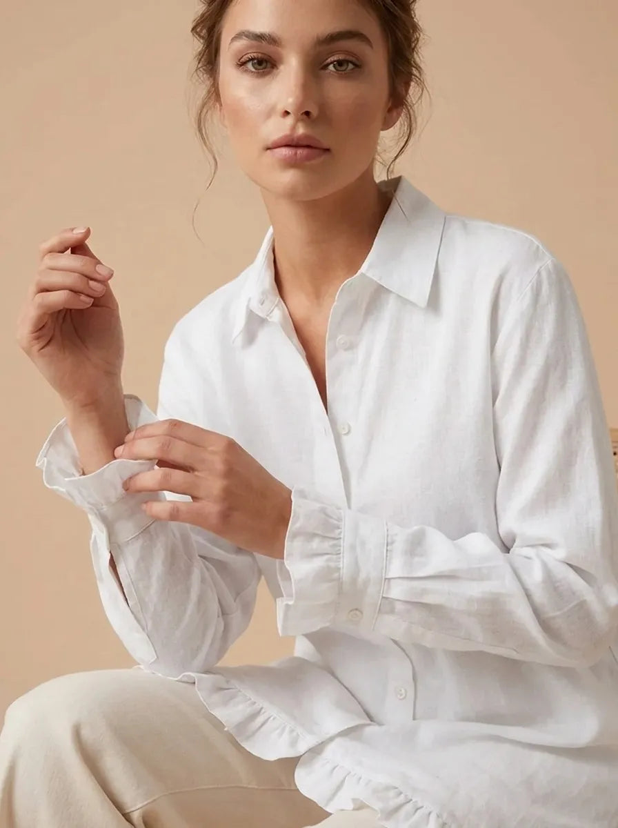 Women's shirts with ruffle cuffs and high low hem, button down tunic
