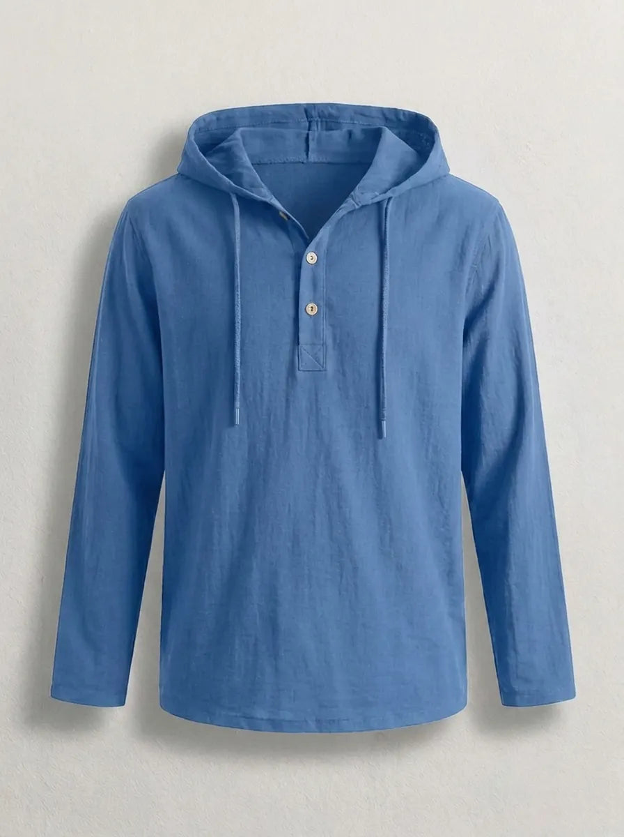 Mens hoodies long sleeve pullover with button placket and drawstring hood