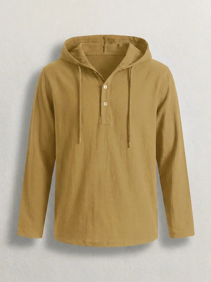 Mens hoodies long sleeve pullover with button placket and drawstring hood
