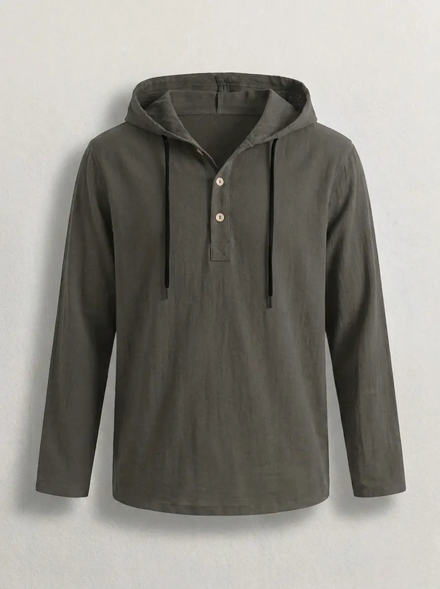 Mens hoodies long sleeve pullover with button placket and drawstring hood
