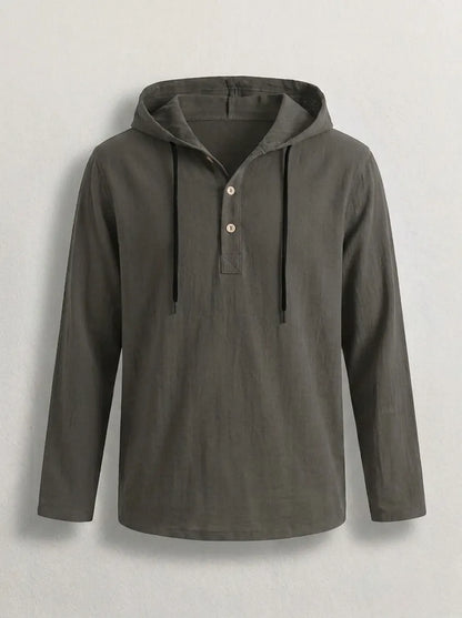 Mens hoodies long sleeve pullover with button placket and drawstring hood
