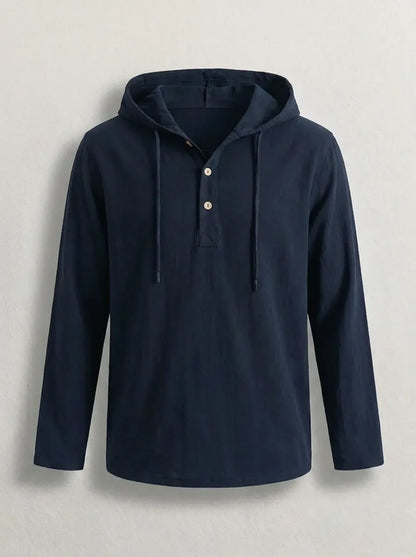 Mens hoodies long sleeve pullover with button placket and drawstring hood
