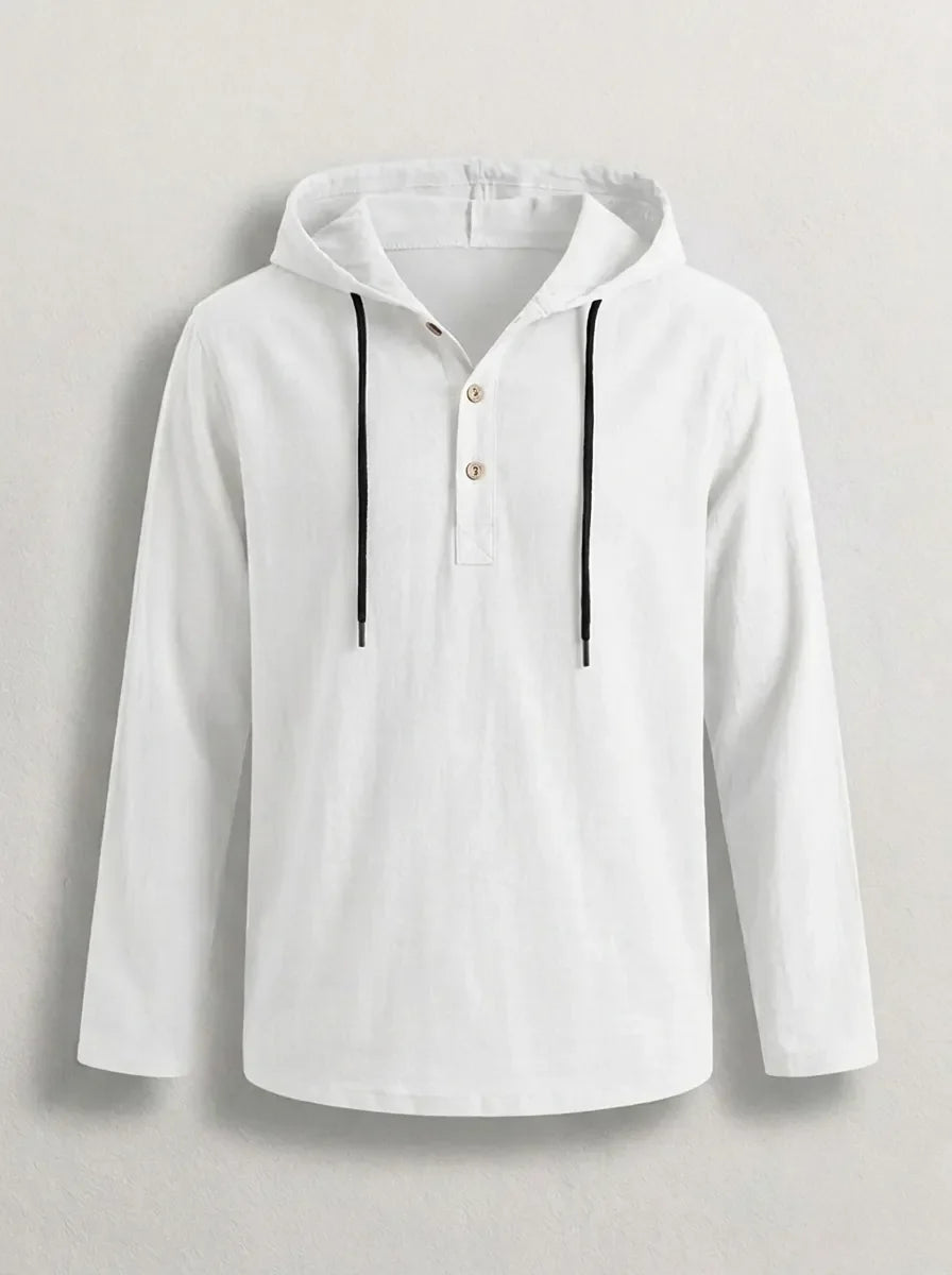 Mens hoodies long sleeve pullover with button placket and drawstring hood
